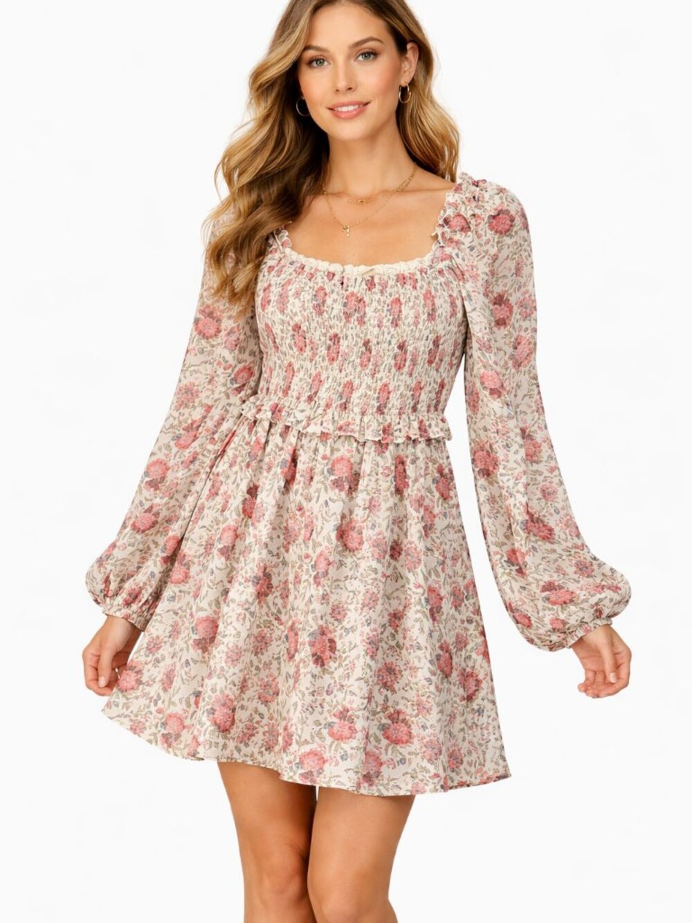 A Beautiful Soul Ivory Rose Floral Ruched Bodice Long Sleeve Mini Dress Size X